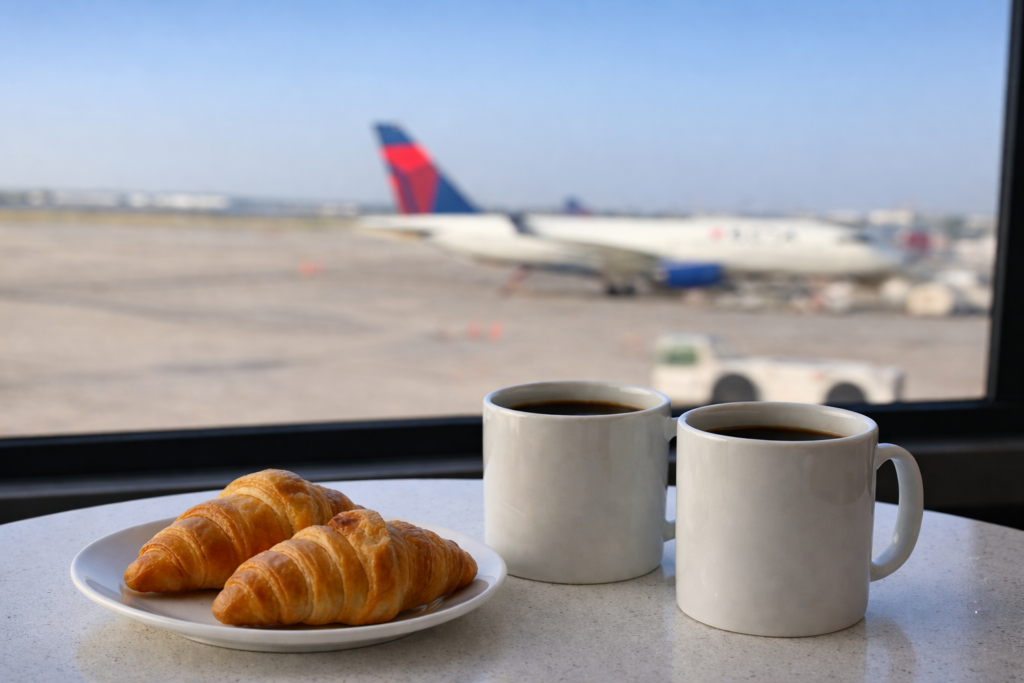 Two coffee cups and croissants on a table in an airport lounge. Featured in Portable Order: How Travel Tests (and refines) our rhythm