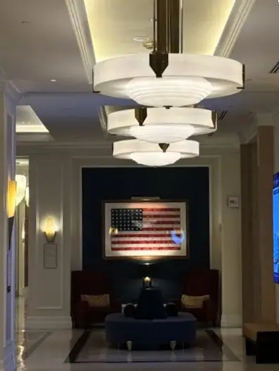 The lobby of the Higgins Hotel