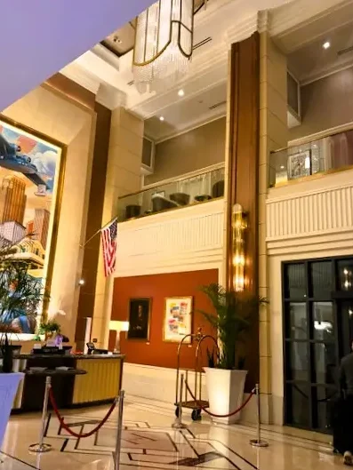 The lobby of the Higgins Hotel