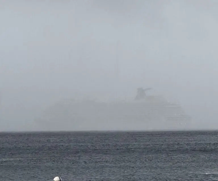 "Ghost Ship" in the rain and low fog